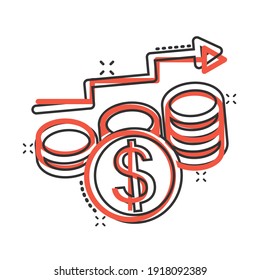 Income rate increase icon in comic style. Finance performance cartoon vector illustration on white isolated background. Coin with growth arrow splash effect business concept.