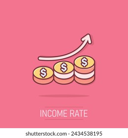 Income rate increase icon in comic style. Finance performance cartoon vector illustration on isolated background. Coin with growth arrow splash effect business concept.