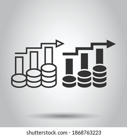 Income rate increase icon in flat style. Finance performance vector illustration on white isolated background. Coin with growth arrow business concept.