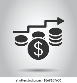 Income rate increase icon in flat style. Finance performance vector illustration on white isolated background. Coin with growth arrow business concept.