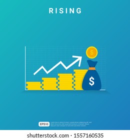 Income Rate Increase Or Rise Up. Business Chart Graphic Growth Margin Revenue. Finance Performance Of Return On Investment ROI Concept With Arrow Element. Flat Style Design Vector Illustration