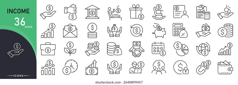 Income related icon collections. Containing salary, finance, money, profit, revenue, earnings, payment, growth, investment, and savings icons. Editable Stroke. Outline icons.