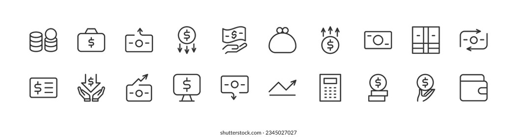 iconos de línea relacionados con ingresos. Conjunto de objetos lineales vectoriales. 24x24 Pixel Perfecto con trazo editable