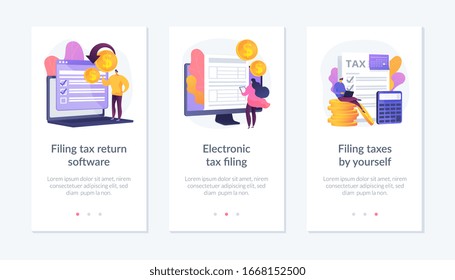 Declaração de rendimentos, declaração de receitas, ficha financeira. Arquivando software de declaração de impostos, arquivamento eletrônico de impostos, arquivamento de impostos por si mesmo metáforas. Modelo de wireframe da interface de interface de usuário do aplicativo móvel.