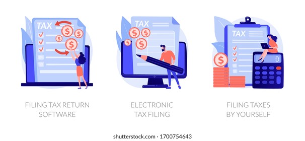 Income reporting, revenue declaration, financial statement. Filing tax return software, electronic tax filing, filing taxes by yourself metaphors. Vector isolated concept metaphor illustrations.