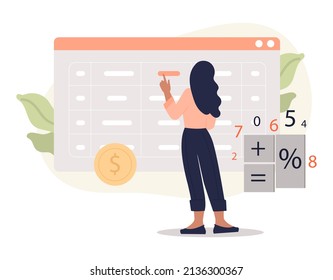 Income reporting, revenue declaration, financial statement. Young woman stands in front of document and calculates her profit or earnings. Accounting or saving money. Cartoon flat vector illustration