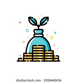 Income And Revenue Increase, Return On Investment And Mutual Fund Raising Concept With Gold Coins And Plant Growing Out Of Money Bag. Flat Filled Outline Icon. 72x72 Pixel Perfect. Editable Stroke