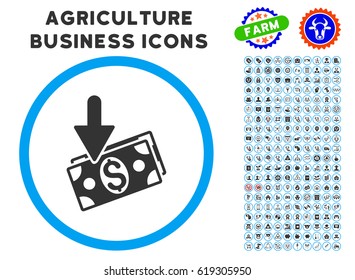 Income rounded icon with agriculture commercial pictogram clip art. Vector illustration style is a flat iconic symbol inside a circle, blue and gray colors. Designed for web and software interfaces.