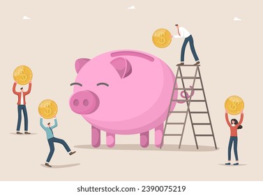 Income and salary growth, investing assets and money, creating investment portfolio and deposit boxes, managing money, improving the economy and the stock market, people bring coins to the piggy bank. svg