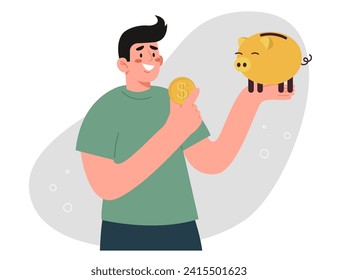 Income and salary growth, investing assets and money, creating an investment portfolio and deposit boxes, managing money, improving the economy and stock market, a man throws a coin into a piggy bank. svg