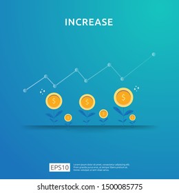 income salary rate increase. Finance performance of return on investment ROI concept with arrow. business profit growth margin revenue. cost sale icon. dollar symbol flat style vector illustration