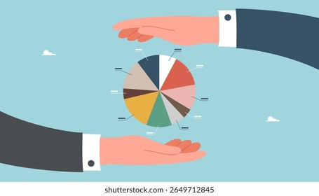 Income and savings analysis, teamwork increasing investment portfolio, cooperation in creating safe deposit boxes, partnership distribution of investment share, hands protect segment diagram.