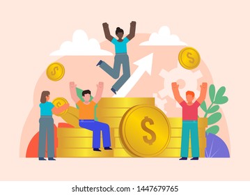 Income, savings growth. People stand near big stack of coins. Poster for social media, web page, banner, presentation. Flat design vector illustration