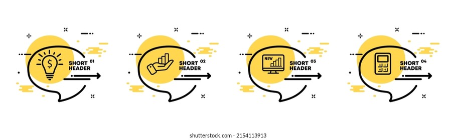 Income set icon. Lamp, chart in hand and on monitor, calculator. Profit, career, development, perspective. Infographic timeline with icons and 4 steps. Vector line icon for Business and Advertising