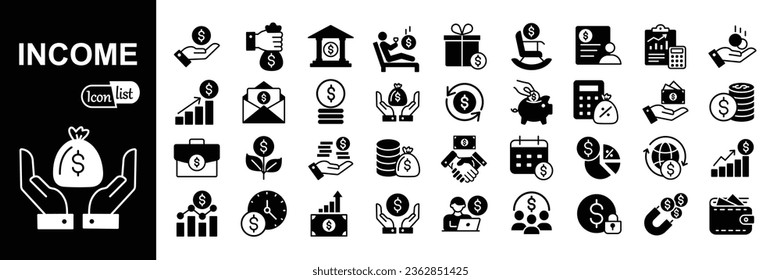  Income simple concept icons set .Earnings, payment, accounting, paycheck, work, pension and wages icons. Solid icon collection. Vector illustration.