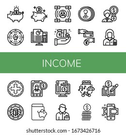 income simple icons set. Contains such icons as Piggy bank, Coin, Accounting, Economy, Assets, Cash back, Accountant, Savings, Salesman, Money transfer, can be used for web, mobile and logo