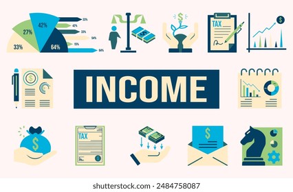 Iconos sólidos de la renta con la economía, el equilibrio, la inversión, los ingresos y más. Ilustración vectorial eps10