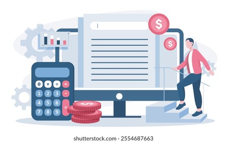 Income statement concept. Man near computer, calculator and gold coins. Accounting and budgeting. Company financial planning. Flat vector illustration isolated on white background