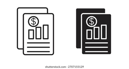 Income statement icon in a black stroke vector design and flat solid version on white background