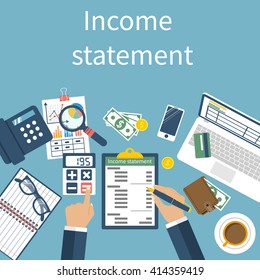 Income statement report. Accounting finance. Men write documents, statement of income. Vector illustration, flat design. Counting profit. Calculation money.