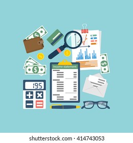 Income statement, report. Accounting finance. Documents, statement of income, calculation. Vector illustration flat design. Counting profit. Business paper