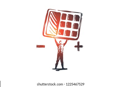 Income statements, accounting, financial, balance concept. Hand drawn businessman with calculator in his hand's concept sketch. Isolated vector illustration.