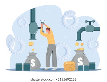 Income streams concept. Man fills bags with money from tap. Financial literacy and passive income, successful and rich entrepreneur or investor and economist. Cartoon flat vector illustration