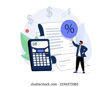 Income tax calculation and financial VAT money refund tiny person concept. Government payment calculation after accounting annual budget analysis vector illustration. Personal paperwork management.