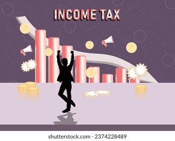 Income Tax Decrease Conceptual Illustration with Declining Bar Graph and Icons of Happy Man, Golden Indian Rupee Currency