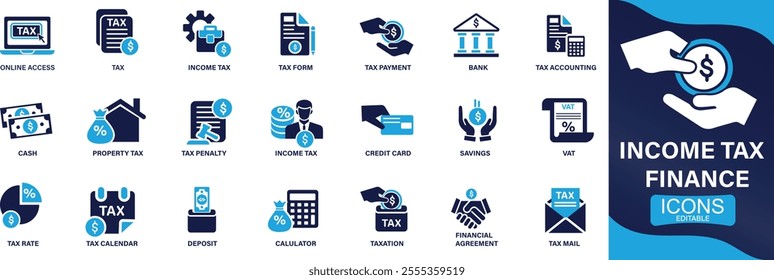 Income Tax and Finance icon set. income tax, savings, investment, and more. Perfect for financial presentations, You can easily change the color.