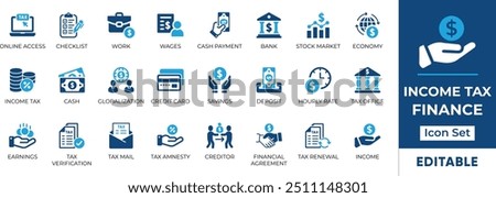 Income Tax and Finance Icon Set featuring essential financial elements like income tax, savings, investment, and more. Perfect for financial presentations, websites, and apps. Editable vector graphics