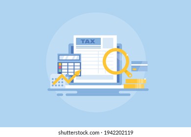 Income tax, wealth tax, online tax, asset management, invoice, bills - creative flat design vector illustration with icons