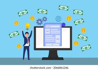 Income vector concept. Happy businessman make money by digital marketing while standing under falling money