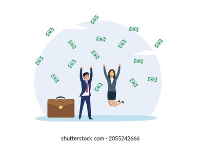 Income vector concept. Two business people expressing happy while standing together under falling money