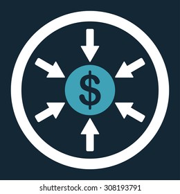 Income vector icon. This flat rounded symbol uses blue and white colors and isolated on a dark blue background.