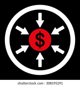 Income vector icon. This flat rounded symbol uses red and white colors and isolated on a black background.