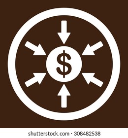 Income vector icon. This flat rounded symbol uses white color and isolated on a brown background.