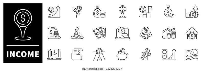Ícones do vetor de receita. Conjunto de ícones de receita. Ícones relacionados a dinheiro, ganhos, pagamento, contabilidade, contracheque, lucro, negócios. Traçado editável, definição de ícones de linha fina
