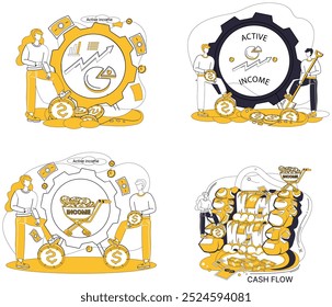 Income vector illustration. Income flows like river, nourishing landscape personal finance Finance and business dance together, orchestrating symphony wealth Investments are seeds planted in garden