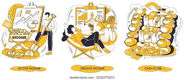 Income vector illustration. Making money is journey embarked upon in quest for financial fulfillment Income flows through economy, irrigating fields progress Profit, golden fruit financial endeavors