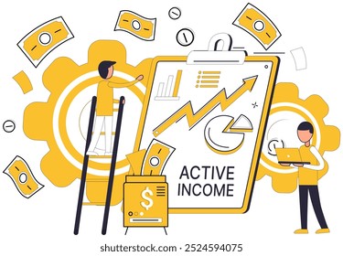 Income vector illustration. Profit, golden fruit financial endeavors, sweetens taste success Banking is reservoir where waters financial stability are stored Investments, like seeds, bear promise