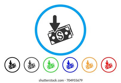 Income vector rounded icon. Image style is a flat gray icon symbol inside a blue circle. Bonus color versions are gray, black, blue, green, red, orange.