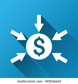Income vector toolbar icon for software design. Style is a white symbol on a square blue background with gradient long shadow.
