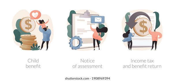 Income Year Abstract Concept Vector Illustration Set. Child Benefit, Notice Of Assessment, Income Tax And Benefit Return, Dependent Care Costs, Gather Paperwork, Social Wealth Abstract Metaphor.