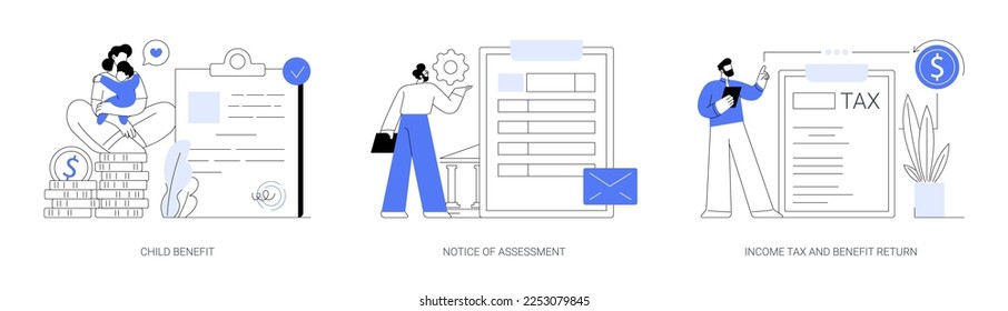 Juego de ilustraciones vectoriales de concepto abstracto de año de ingresos. Prestación por hijos a cargo, notificación de evaluación, impuesto sobre la renta y devolución de beneficios, gastos de atención a cargo, documentación de recopilación, metáfora abstracta de la riqueza social.