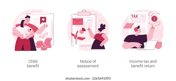 Juego de ilustraciones vectoriales de concepto abstracto de año de ingresos. Prestación por hijos a cargo, notificación de evaluación, impuesto sobre la renta y devolución de beneficios, gastos de atención a cargo, documentación de recopilación, metáfora abstracta de la riqueza social.