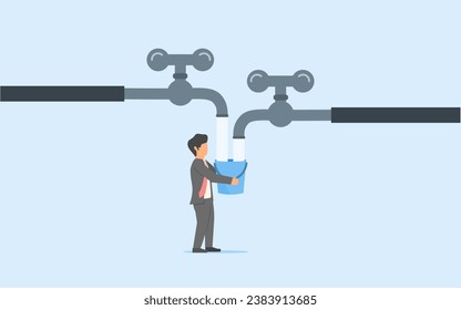 Incomes from various assets.Flow of money from various types of businesses. Businessman collecting water from several pipes with bucket. Business people who don't just depend on one source of income