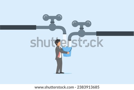 Incomes from various assets.Flow of money from various types of businesses. Businessman collecting water from several pipes with bucket. Business people who don't just depend on one source of income