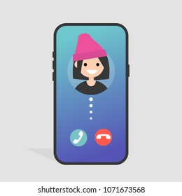 Incoming call. Accept or decline. Mobile phone screen. Gradient background. Millennial lifestyle. Flat editable vector illustration, clip art