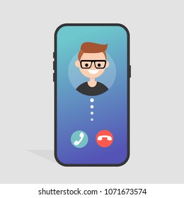 Incoming call. Accept or decline. Mobile phone screen. Gradient background. Millennial lifestyle. Flat editable vector illustration, clip art